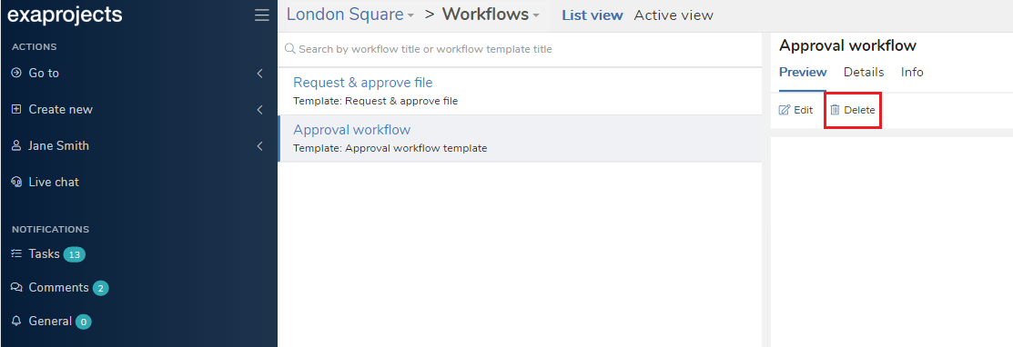 workflow delete button